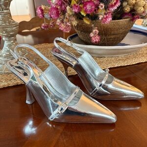Larroude Metallic Silver Slingback Pointed Toe Heels